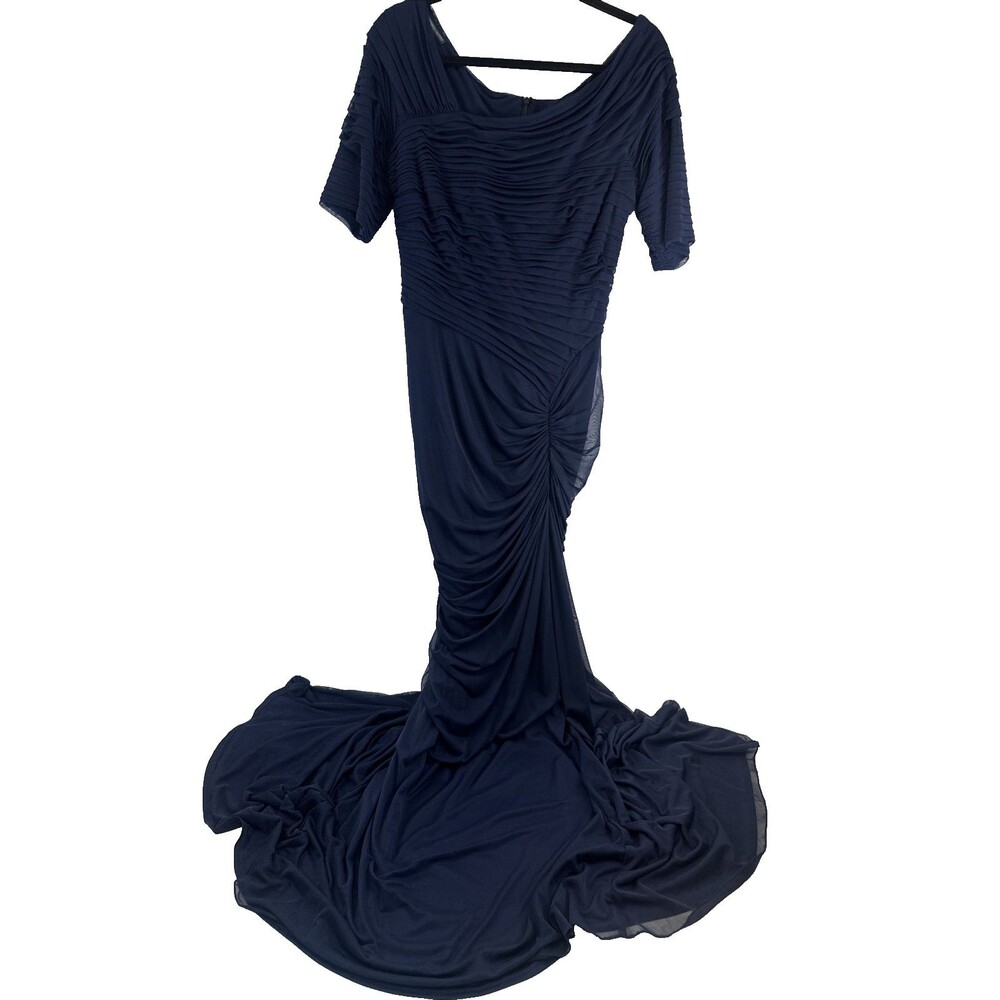 Tadashi Shoji Asymmetric Ruched Sleeve Gown Navy Chiffon Fitted Mermaid Large - Picture 3 of 16